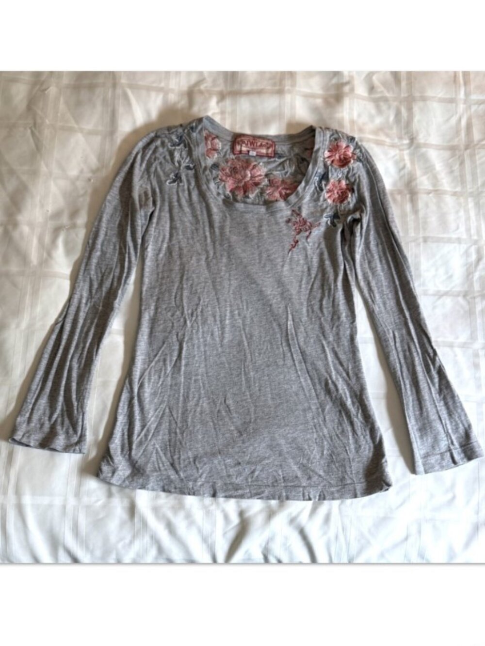 JWLA Johnny Was Floral Embroidered Long Sleeve T Shirt Top Women’s Size XS Grey